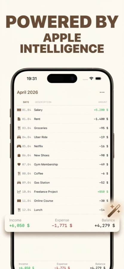 Fiano ledger with income, expense and balance summary bar
