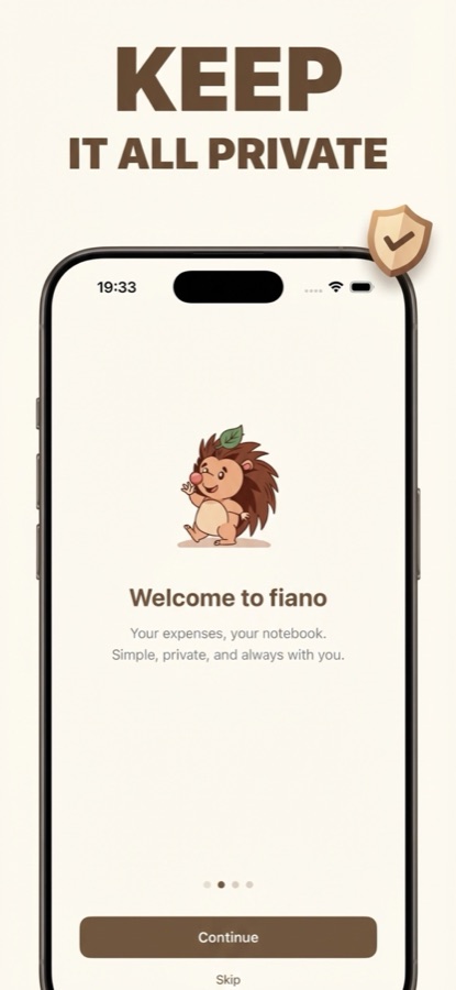 Fiano welcome screen with the hedgehog mascot waving